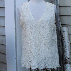 Adiva Cream Lace V-Neck Sleeveless Lined Scallop Eyelash Hem Top Sz LARGE